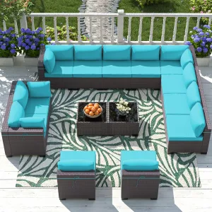 Outdoor Patio Furniture Set, 14 Pieces Outdoor Sectional Furniture Patio Sofa, All-Weather PE Rattan Patio Conversation Set with Tempered Glass Top Table & Cushions(Teal).