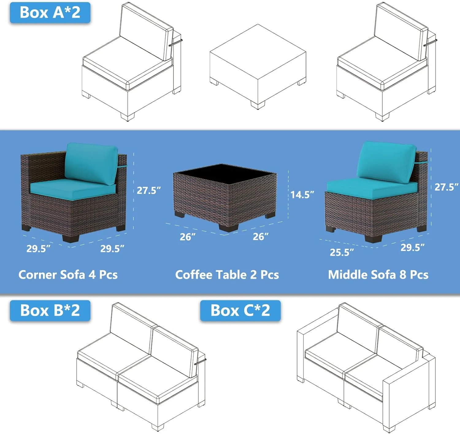 Outdoor Patio Furniture Set, 14 Pieces Outdoor Sectional Furniture Patio Sofa, All-Weather PE Rattan Patio Conversation Set with Tempered Glass Top Table & Cushions(Teal).