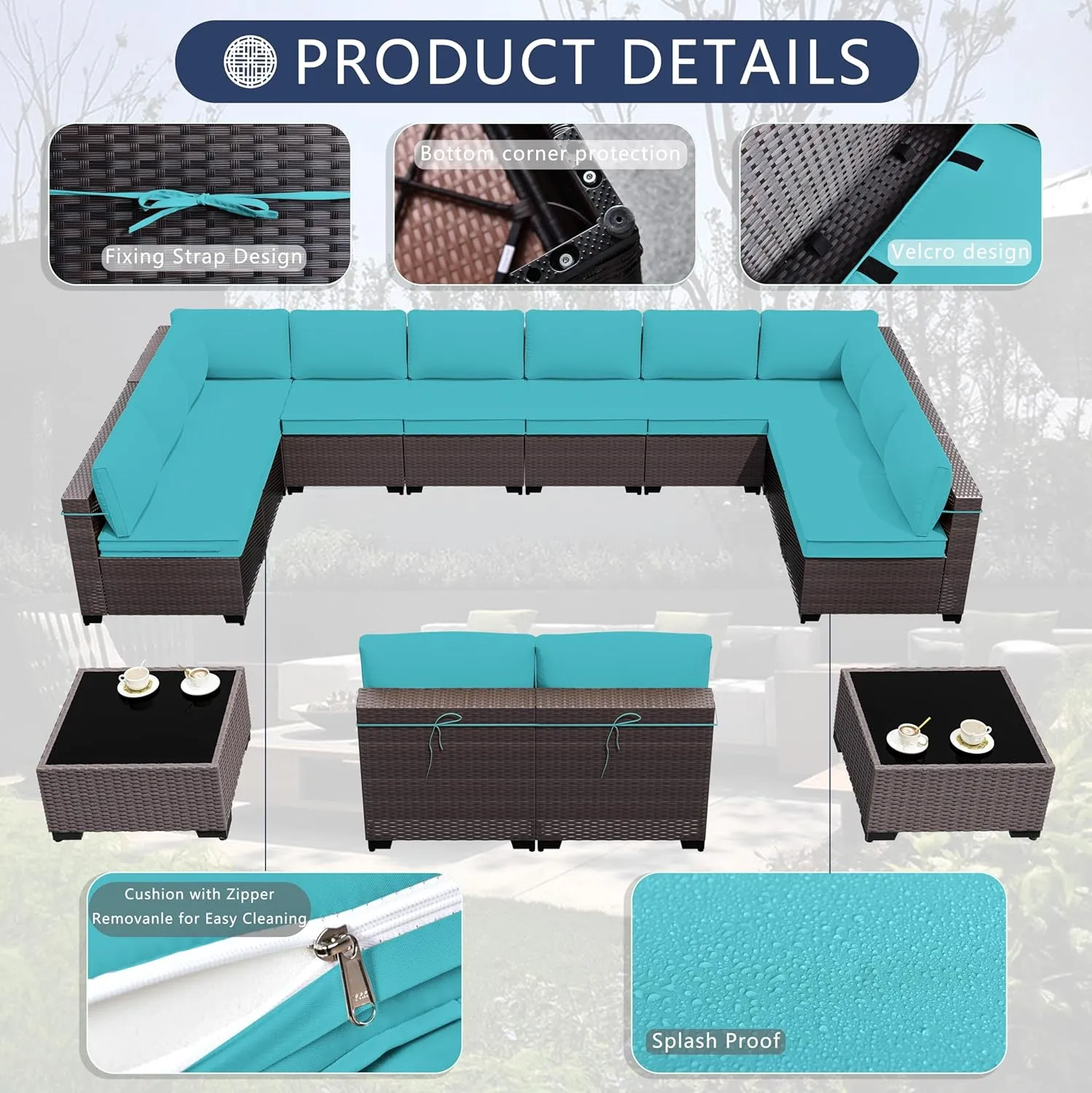 Outdoor Patio Furniture Set, 14 Pieces Outdoor Sectional Furniture Patio Sofa, All-Weather PE Rattan Patio Conversation Set with Tempered Glass Top Table & Cushions(Teal).