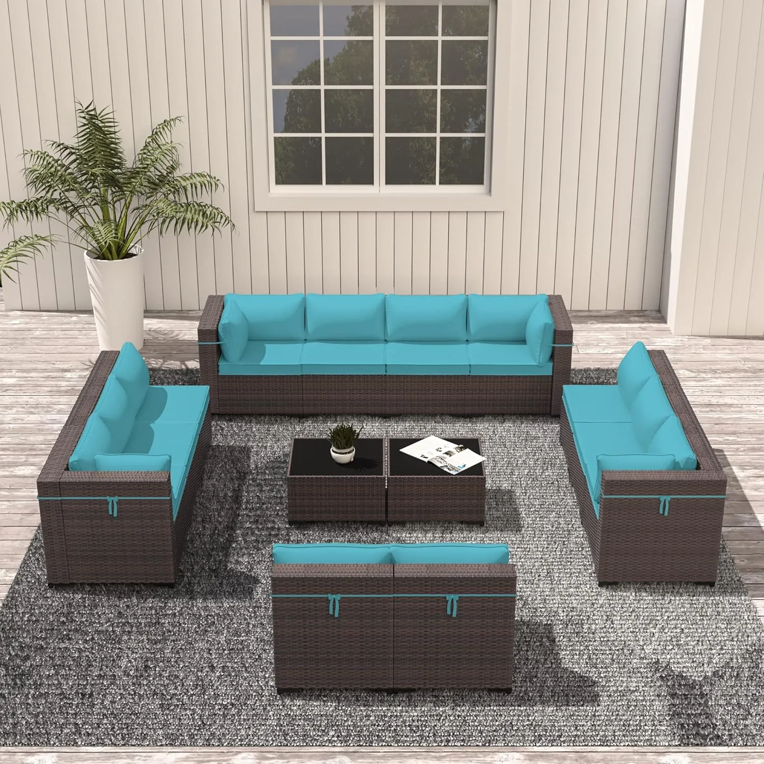 Outdoor Patio Furniture Set, 14 Pieces Outdoor Sectional Furniture Patio Sofa, All-Weather PE Rattan Patio Conversation Set with Tempered Glass Top Table & Cushions(Teal).