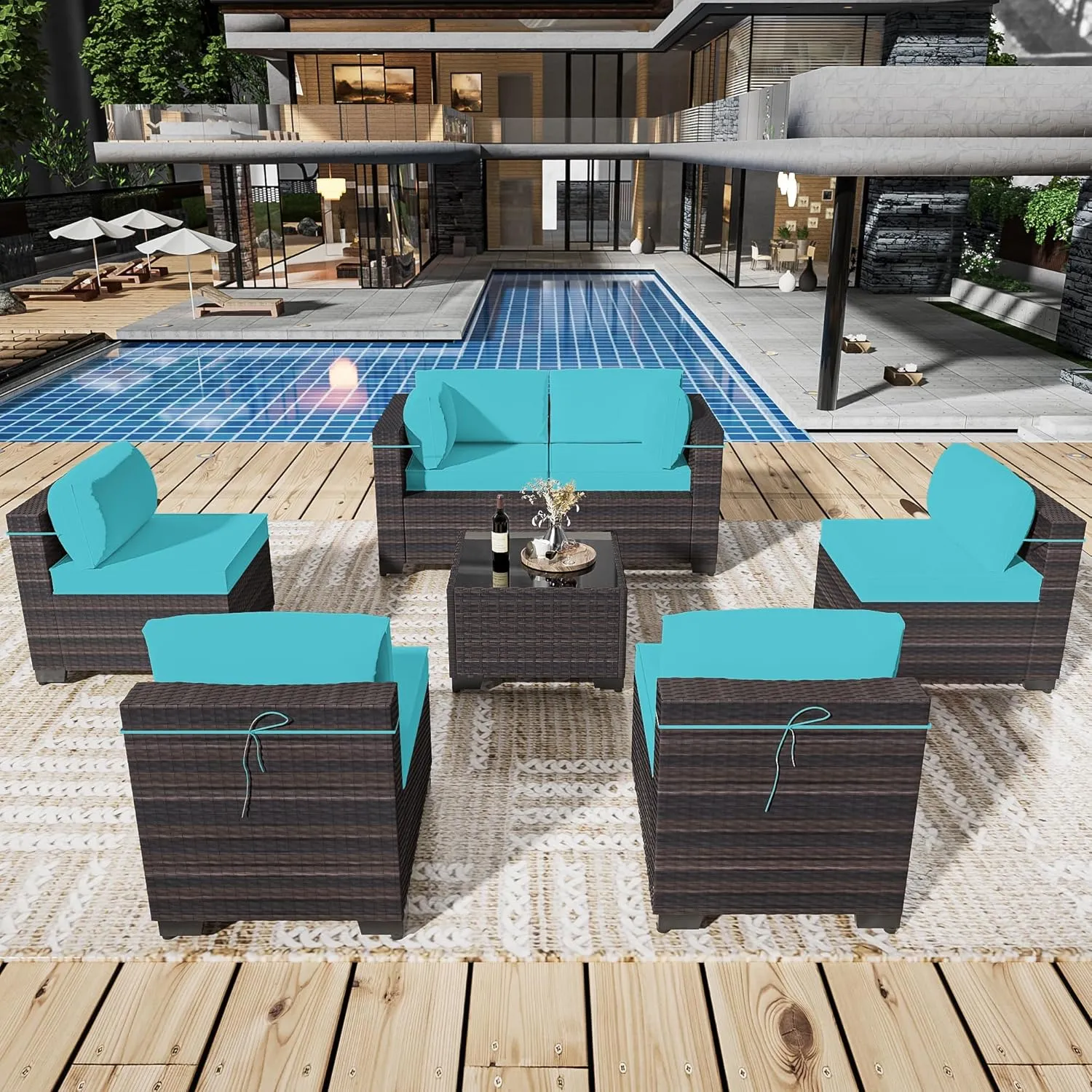 Outdoor Patio Furniture Set, 7 Pieces Outdoor Sectional Furniture Patio Sofa, All-Weather PE Rattan Patio Conversation Set with Tempered Glass Top Table & Cushions-Green Blue