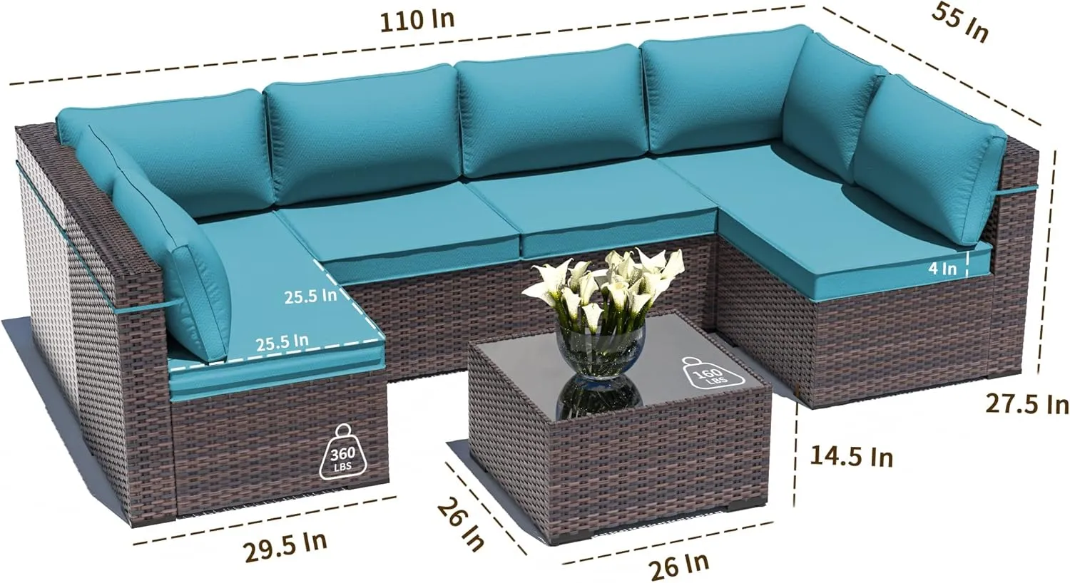 Outdoor Patio Furniture Set, 7 Pieces Outdoor Sectional Furniture Patio Sofa, All-Weather PE Rattan Patio Conversation Set with Tempered Glass Top Table & Cushions-Green Blue