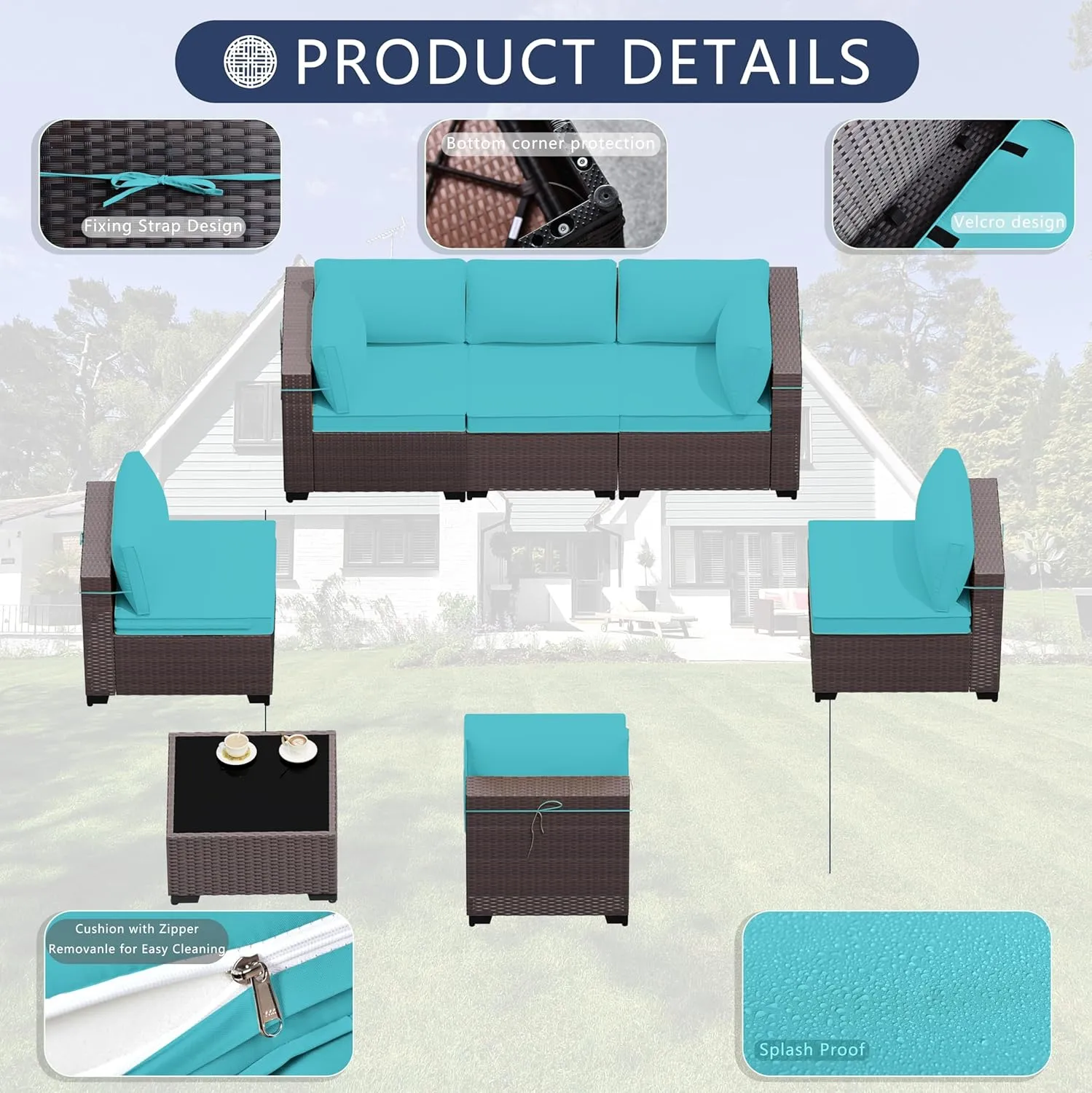 Outdoor Patio Furniture Set, 7 Pieces Outdoor Sectional Furniture Patio Sofa, All-Weather PE Rattan Patio Conversation Set with Tempered Glass Top Table & Cushions-Green Blue