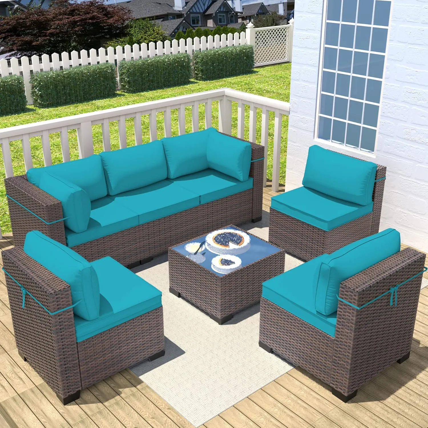 Outdoor Patio Furniture Set, 7 Pieces Outdoor Sectional Furniture Patio Sofa, All-Weather PE Rattan Patio Conversation Set with Tempered Glass Top Table & Cushions-Green Blue