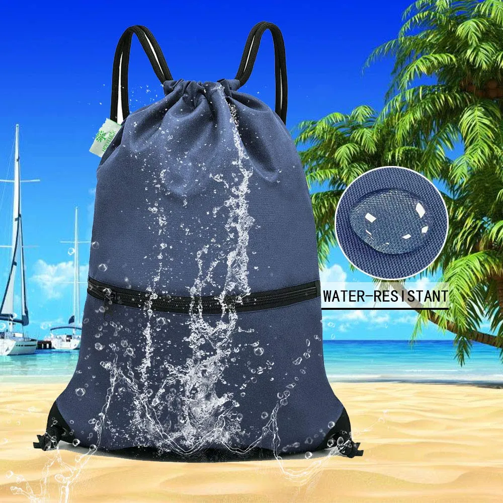 Outdoor Sport Gym Sack Waterproof Drawstring Backpack Bag Navy Blue HLC001