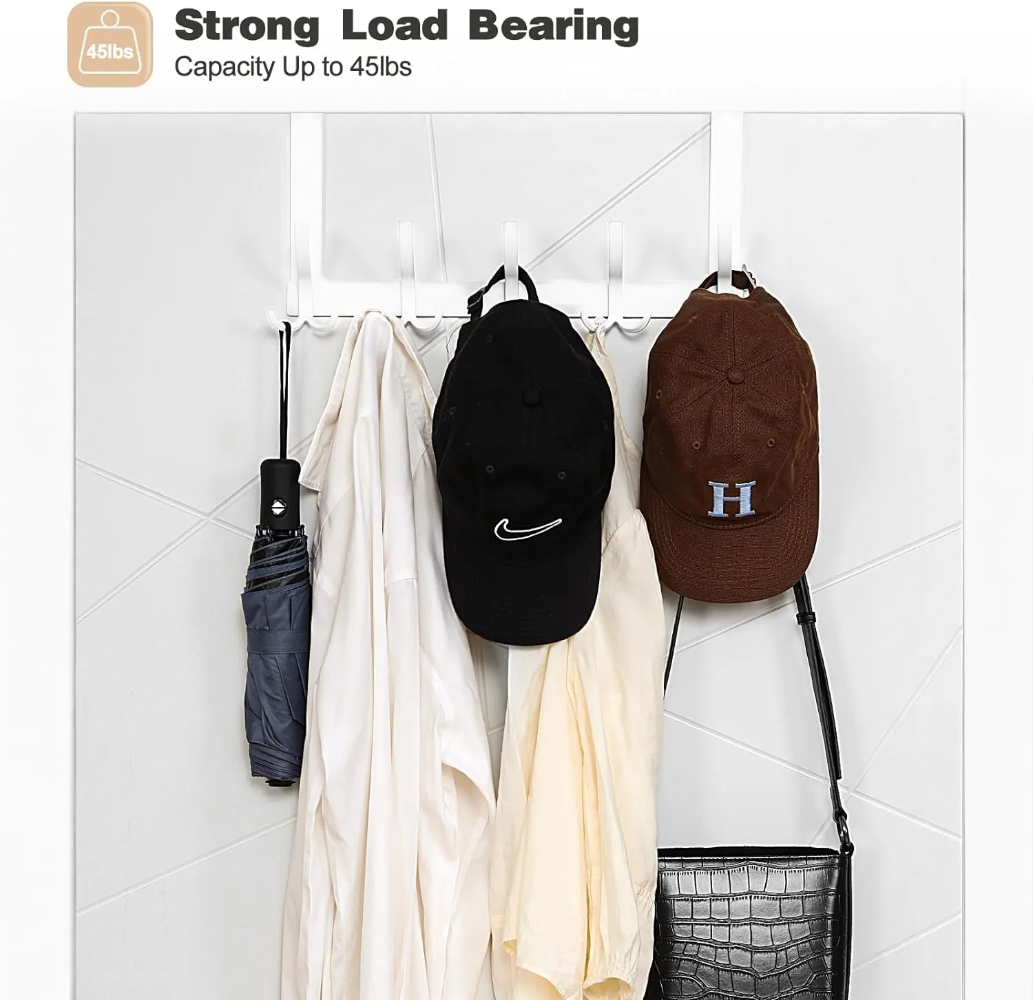 Over The Door Hooks for Hanging, Over The Door Hanger with 5 Triple Coat Hooks, Over The Door Towel Rack for Bathroom, Door Hanger Hooks for Coat, Bags and Hat (White, 2 Pack)