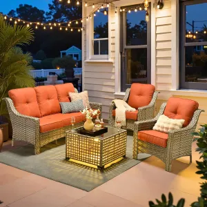 ovios 4 Piece Outdoor Patio Furniture with 3 Seat Sofa,Rattan Wicker Coversation Set with High Back,Sectional Single Sofa with Ottoman for Outside Porch Balcony Backyard Pool (Red)