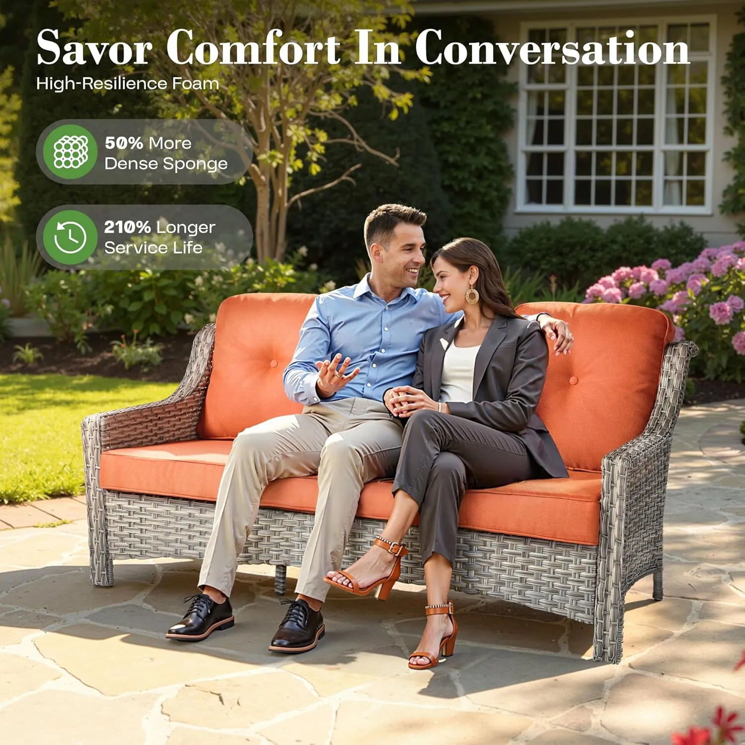 ovios 4 Piece Outdoor Patio Furniture with 3 Seat Sofa,Rattan Wicker Coversation Set with High Back,Sectional Single Sofa with Ottoman for Outside Porch Balcony Backyard Pool (Red)