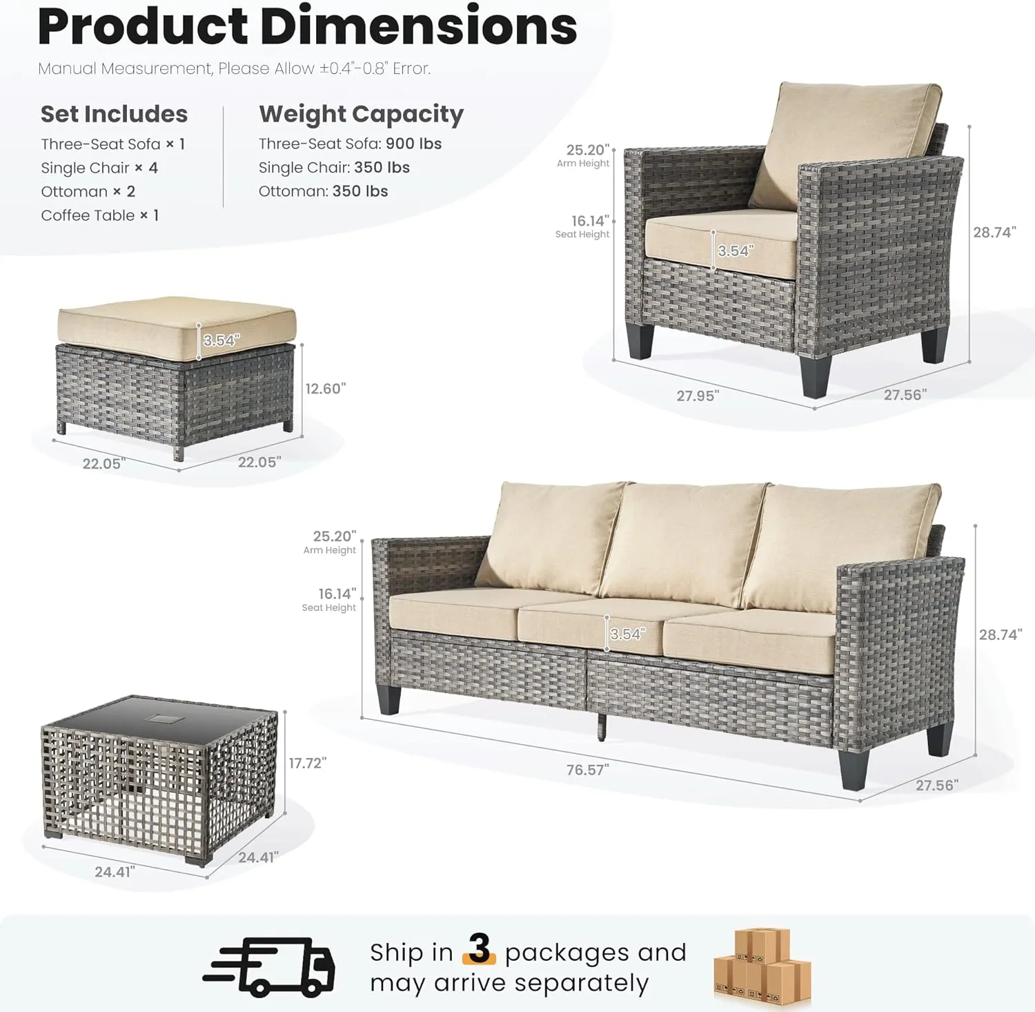 ovios 8 Pieces Patio Furniture Set Outdoor Sofa Couch with Solar Lights Table Comfy Cushions, Modern Deep Seat Wicker Rattan Conversation Set for Porch Deck, Beige