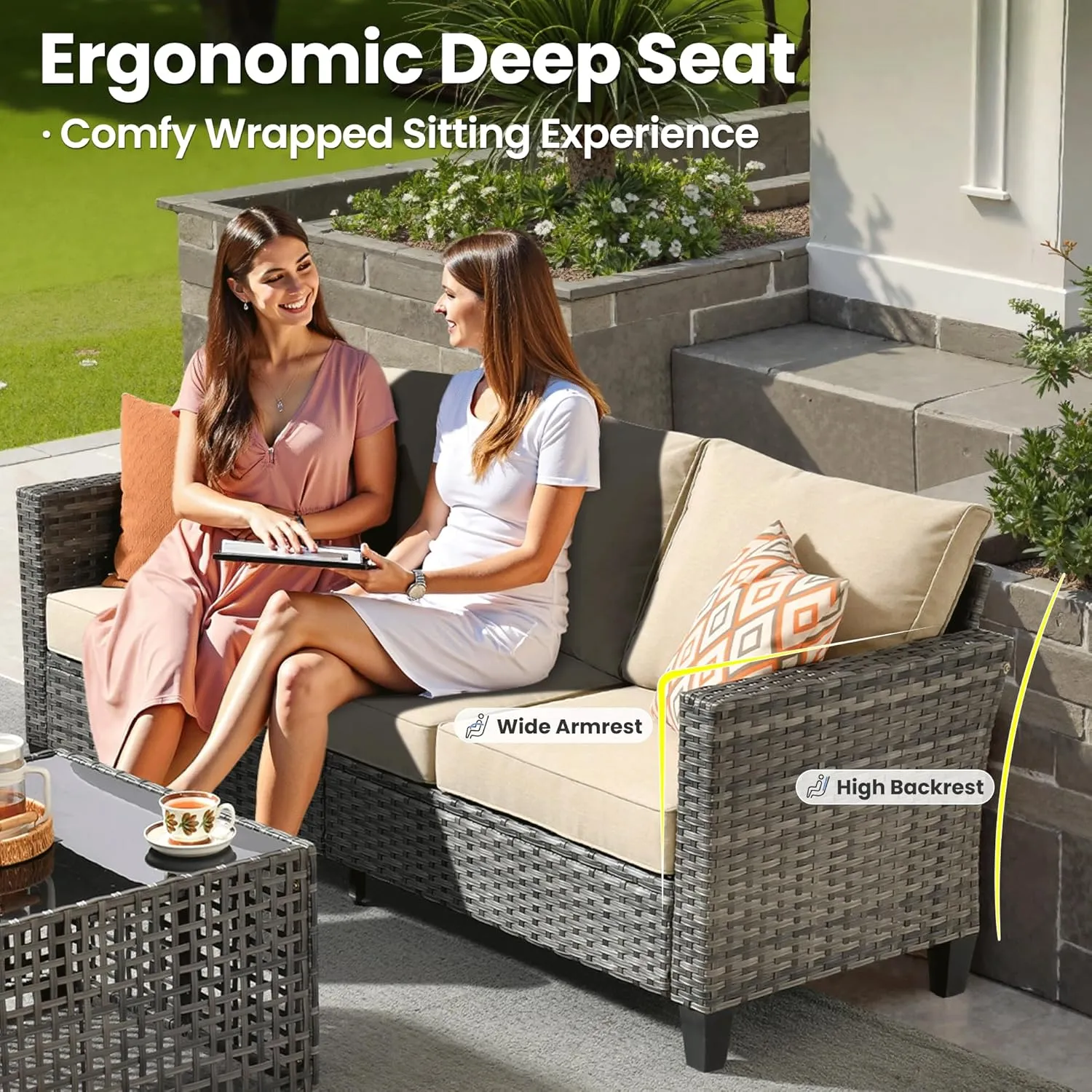 ovios 8 Pieces Patio Furniture Set Outdoor Sofa Couch with Solar Lights Table Comfy Cushions, Modern Deep Seat Wicker Rattan Conversation Set for Porch Deck, Beige