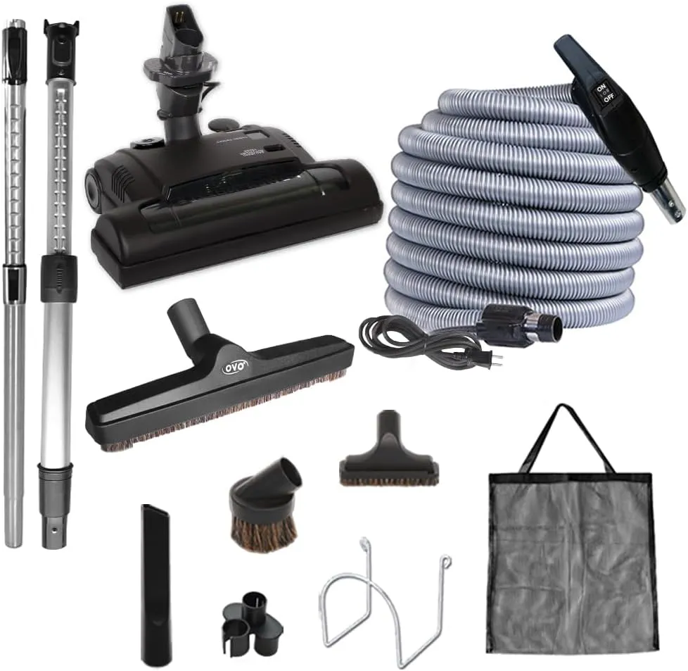 OVO Unit Heavy Duty Powerful Central Vacuum System, Hybrid Filtration (with or Without Disposable Bags) 35L or 9.25Gal, 700 Air watts with 40 ft Carpet Deluxe Accessory Kit, Silver