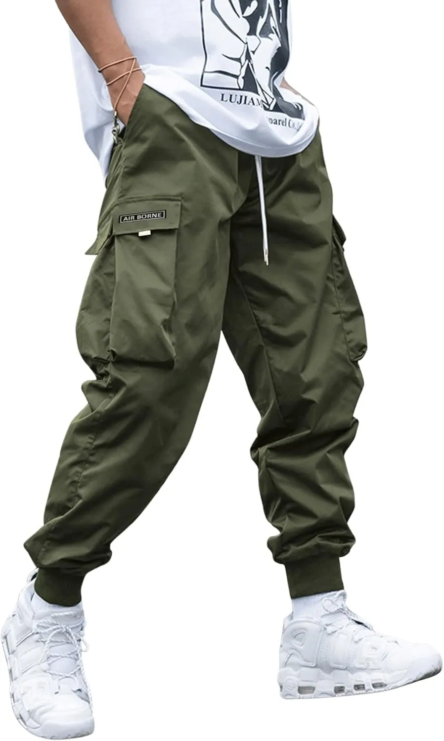 OYOANGLE Men's Casual Drawstring Elastic Waist Flap Pocket Letter Graphic Street Jogger Cargo Pants