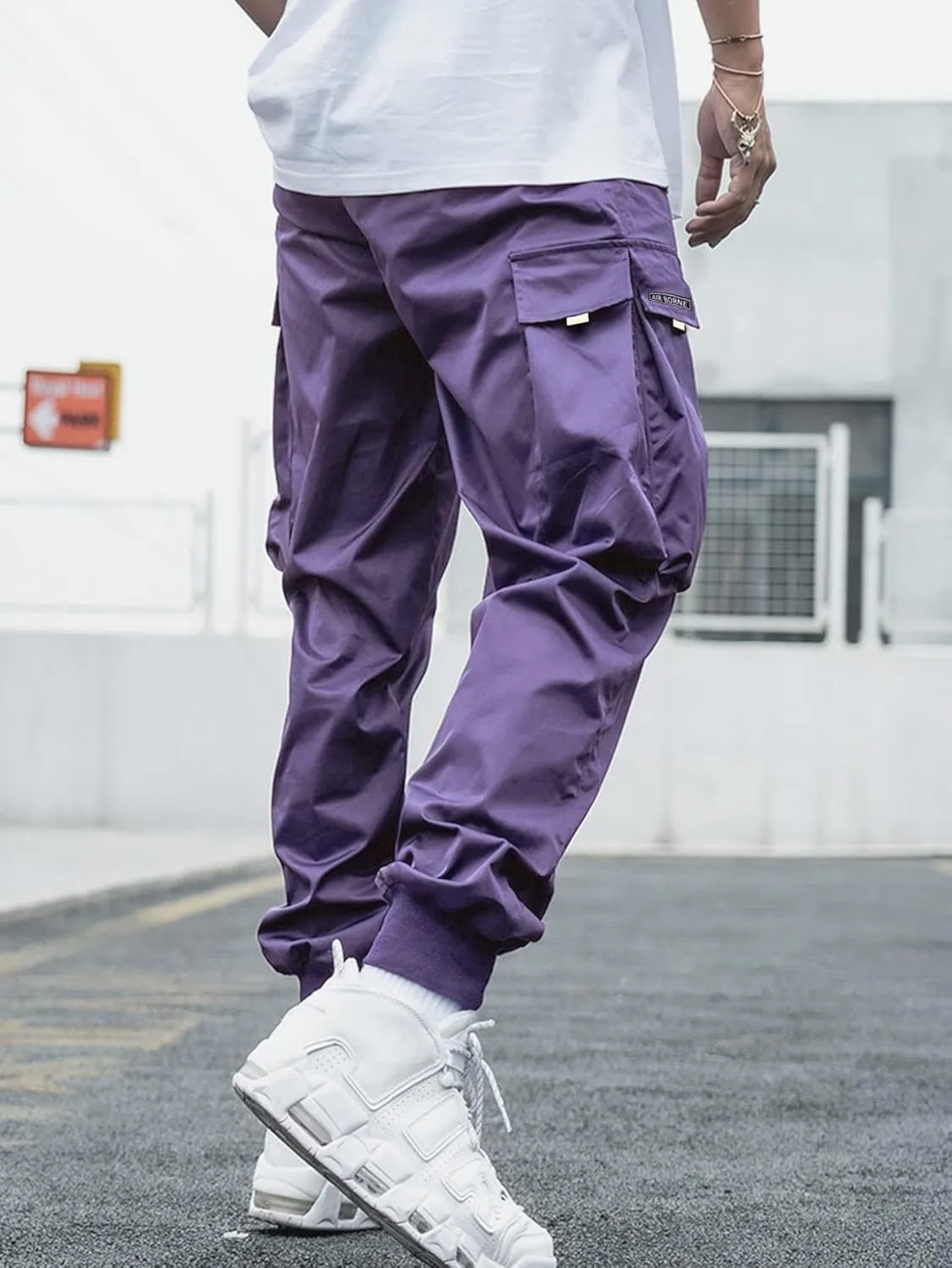 OYOANGLE Men's Casual Drawstring Elastic Waist Flap Pocket Letter Graphic Street Jogger Cargo Pants