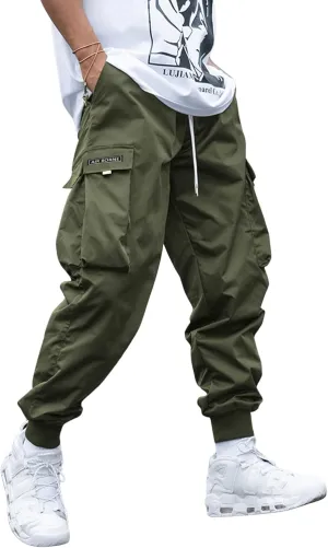 OYOANGLE Men's Casual Drawstring Elastic Waist Flap Pocket Letter Graphic Street Jogger Cargo Pants