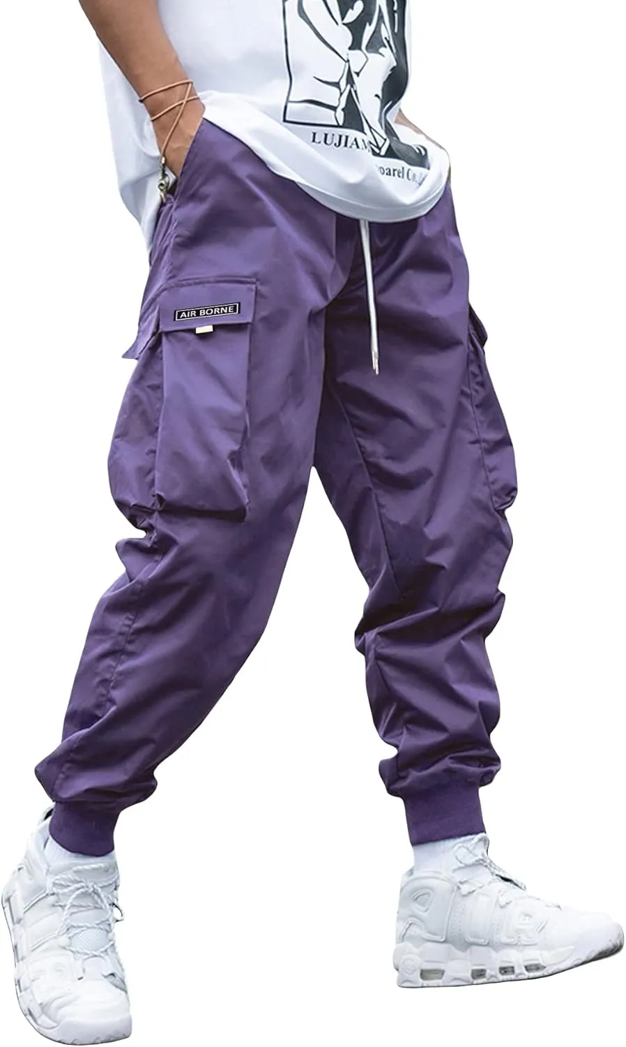 OYOANGLE Men's Casual Drawstring Elastic Waist Flap Pocket Letter Graphic Street Jogger Cargo Pants