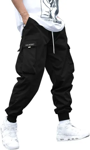 OYOANGLE Men's Casual Drawstring Elastic Waist Flap Pocket Letter Graphic Street Jogger Cargo Pants