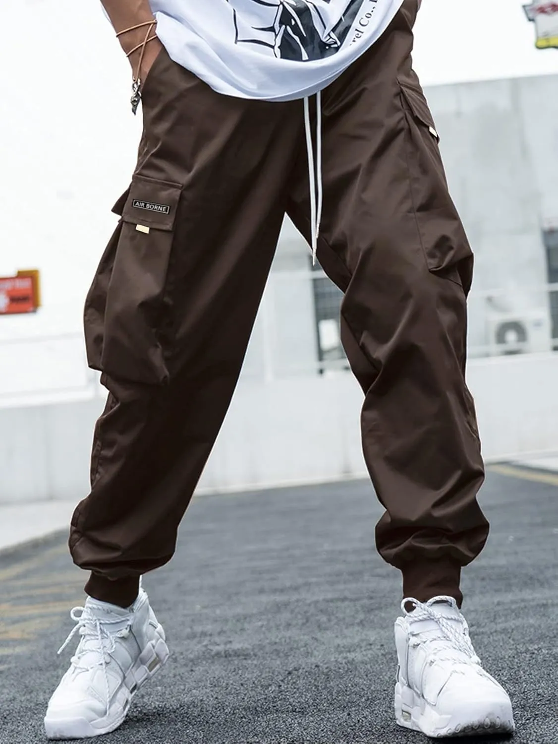 OYOANGLE Men's Casual Drawstring Elastic Waist Flap Pocket Letter Graphic Street Jogger Cargo Pants