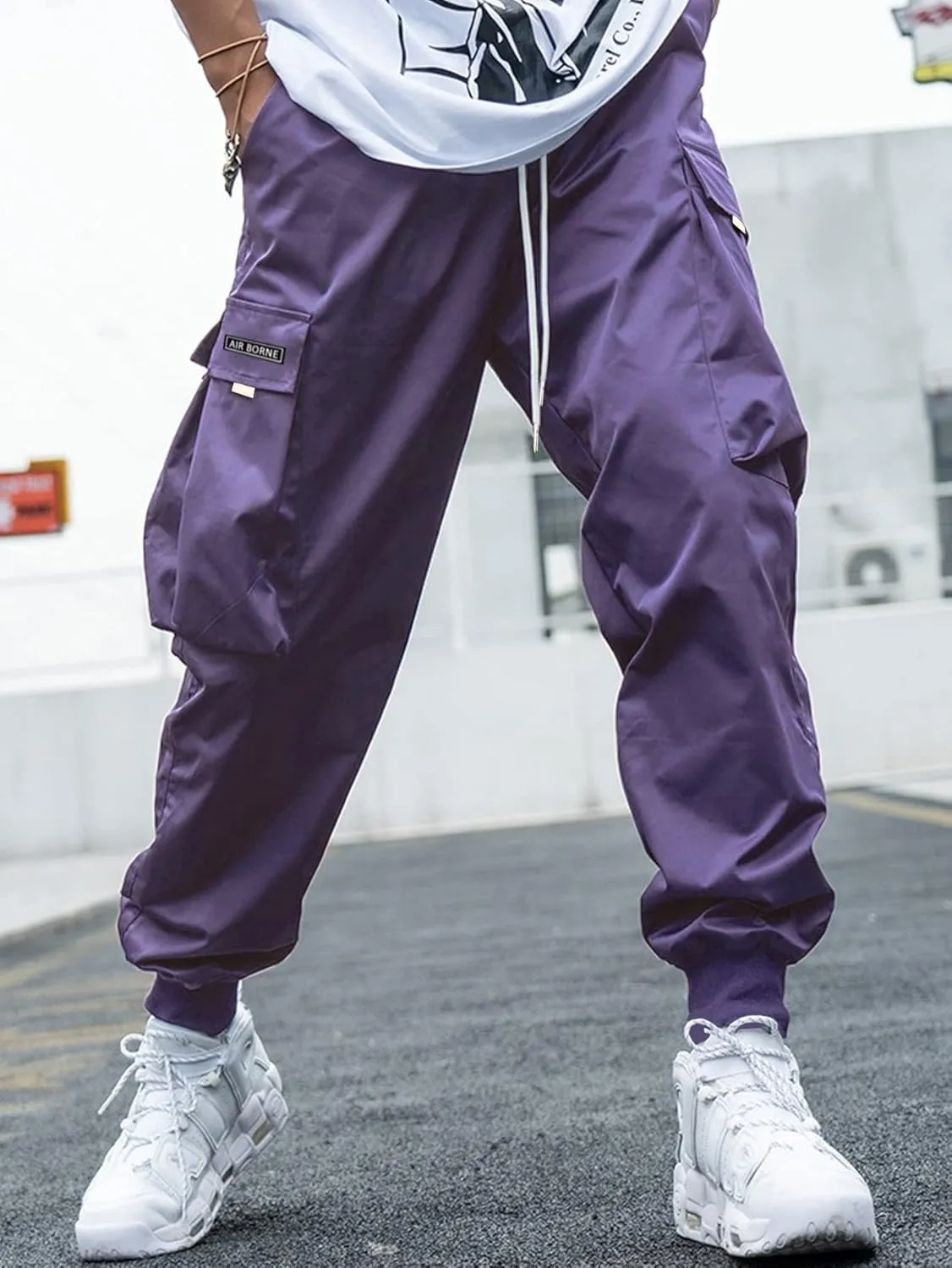 OYOANGLE Men's Casual Drawstring Elastic Waist Flap Pocket Letter Graphic Street Jogger Cargo Pants