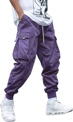 OYOANGLE Men's Casual Drawstring Elastic Waist Flap Pocket Letter Graphic Street Jogger Cargo Pants
