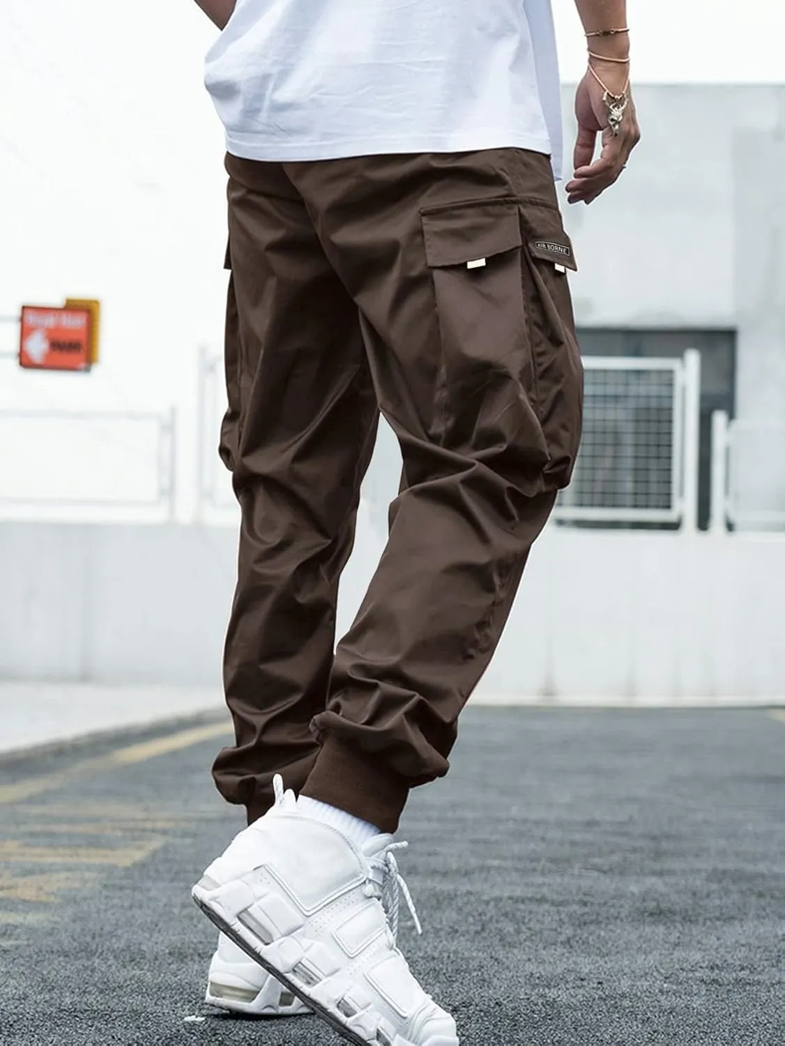 OYOANGLE Men's Casual Drawstring Elastic Waist Flap Pocket Letter Graphic Street Jogger Cargo Pants