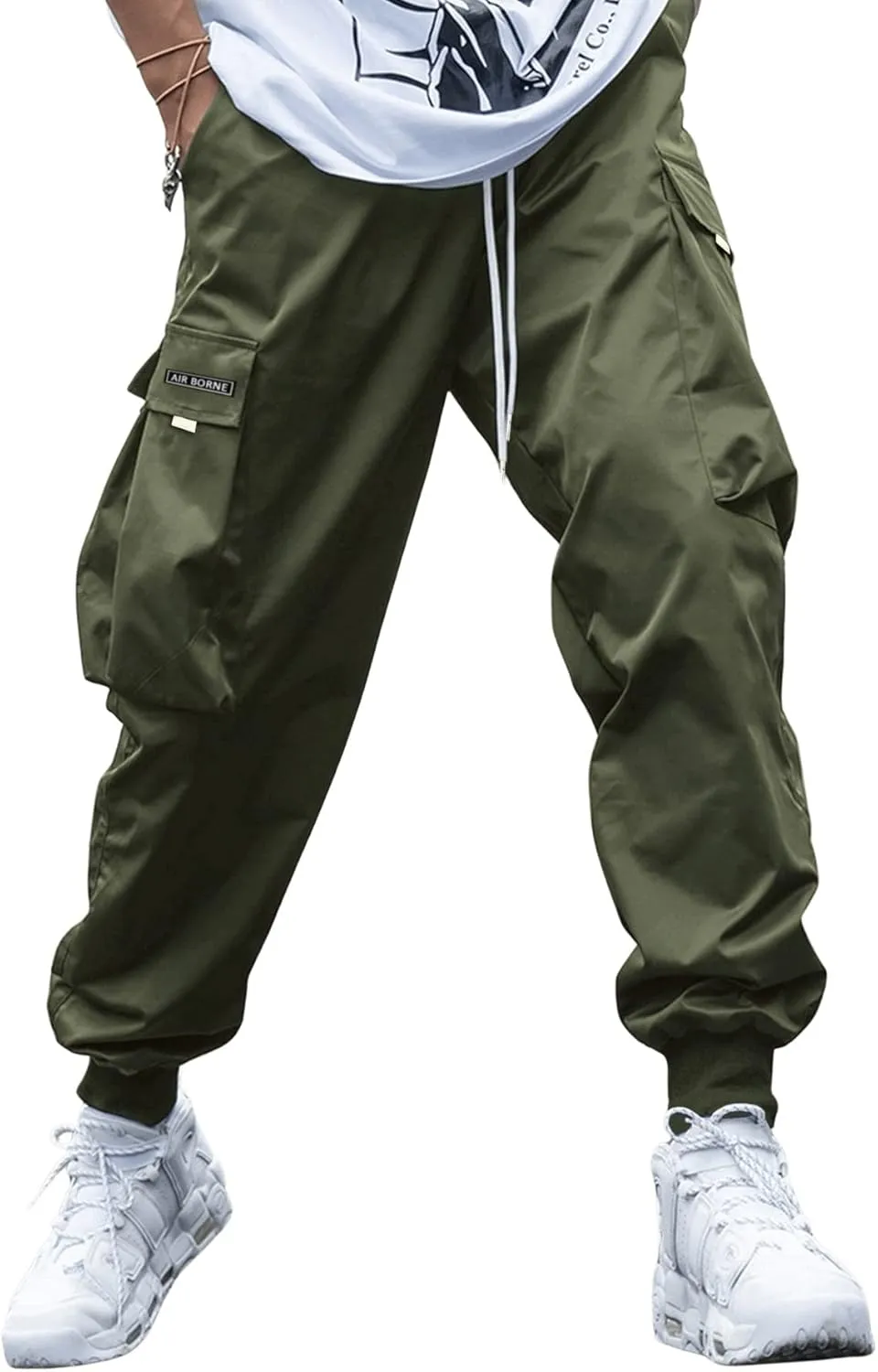 OYOANGLE Men's Casual Drawstring Elastic Waist Flap Pocket Letter Graphic Street Jogger Cargo Pants