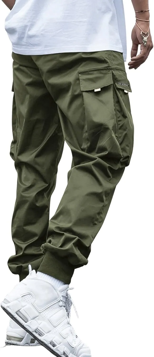 OYOANGLE Men's Casual Drawstring Elastic Waist Flap Pocket Letter Graphic Street Jogger Cargo Pants