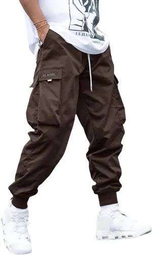 OYOANGLE Men's Casual Drawstring Elastic Waist Flap Pocket Letter Graphic Street Jogger Cargo Pants
