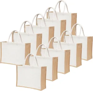 Pack of 10 White Jute Burlap Tote Bags with Handles, Natural Eco-friendly Reusable Grocery & Return Gifts Bag, Totes for Bridesmaids, Yogi's Gift®