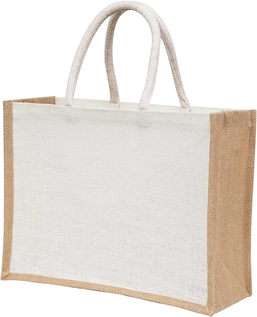 Pack of 10 White Jute Burlap Tote Bags with Handles, Natural Eco-friendly Reusable Grocery & Return Gifts Bag, Totes for Bridesmaids, Yogi's Gift®