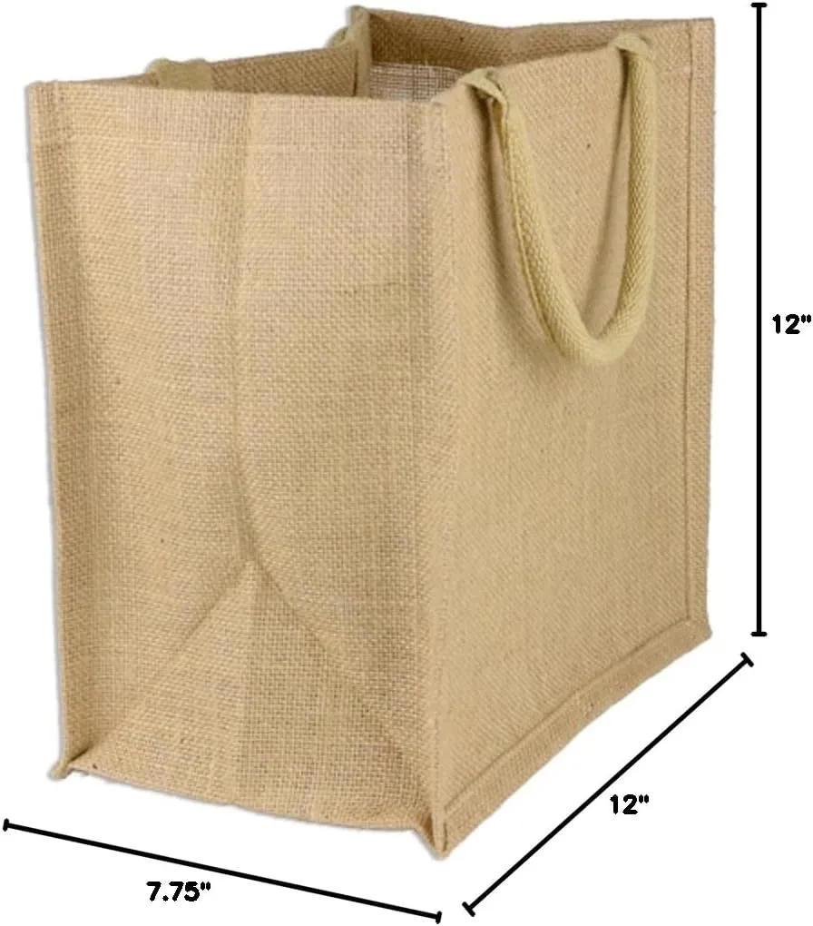 (Pack of 12) Jute/Burlap Tote Bags Soft Cotton Handles Laminated Interior (Medium, Natural)