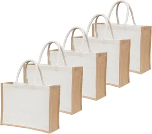 Pack of 5 White Jute Burlap Tote Bags with Handles, Natural Eco-friendly Reusable Grocery & Return Gifts Bag, Totes for Bridesmaids, Yogi's Gift®