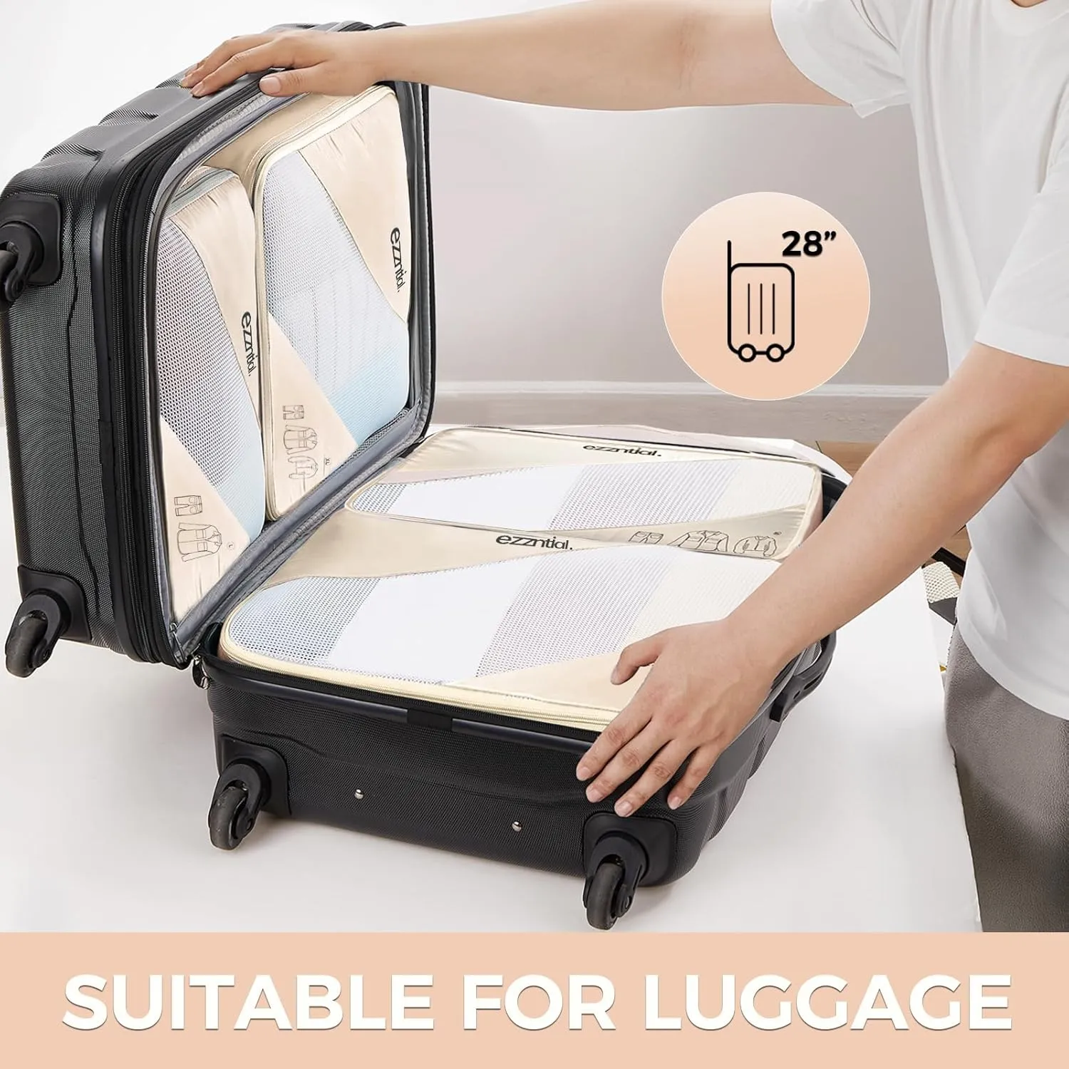 Packing Cubes for Travel, Suitcase Essentials Organizer Bags Set for Luggage, Road Trip Travel Accessories in 4 Sizes (Extra Large, Large, Medium, Small),Suitable for 28-inch suitcase Cream.