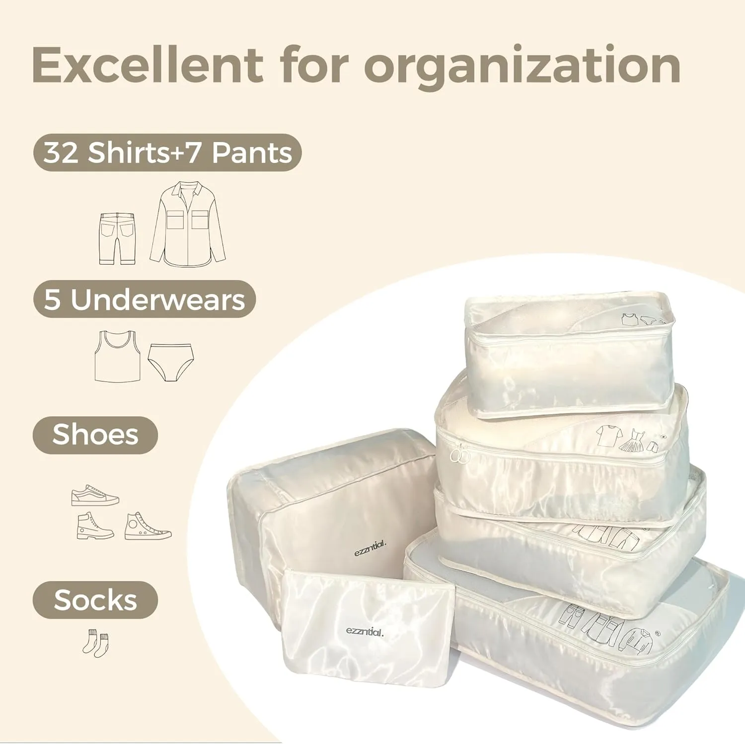 Packing Cubes for Travel, Suitcase Essentials Organizer Bags Set for Luggage, Road Trip Travel Accessories in 4 Sizes (Extra Large, Large, Medium, Small),Suitable for 28-inch suitcase Cream.