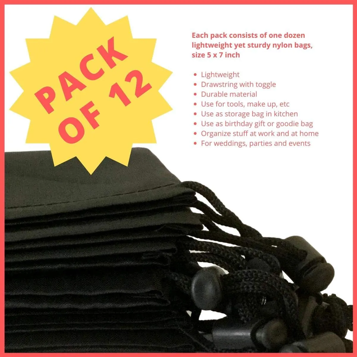 PALTERWEAR Drawstring Bag - Nylon Cinch and Ditty Stuff Pouch with Toggle (5 x 7-12 pack, Black)