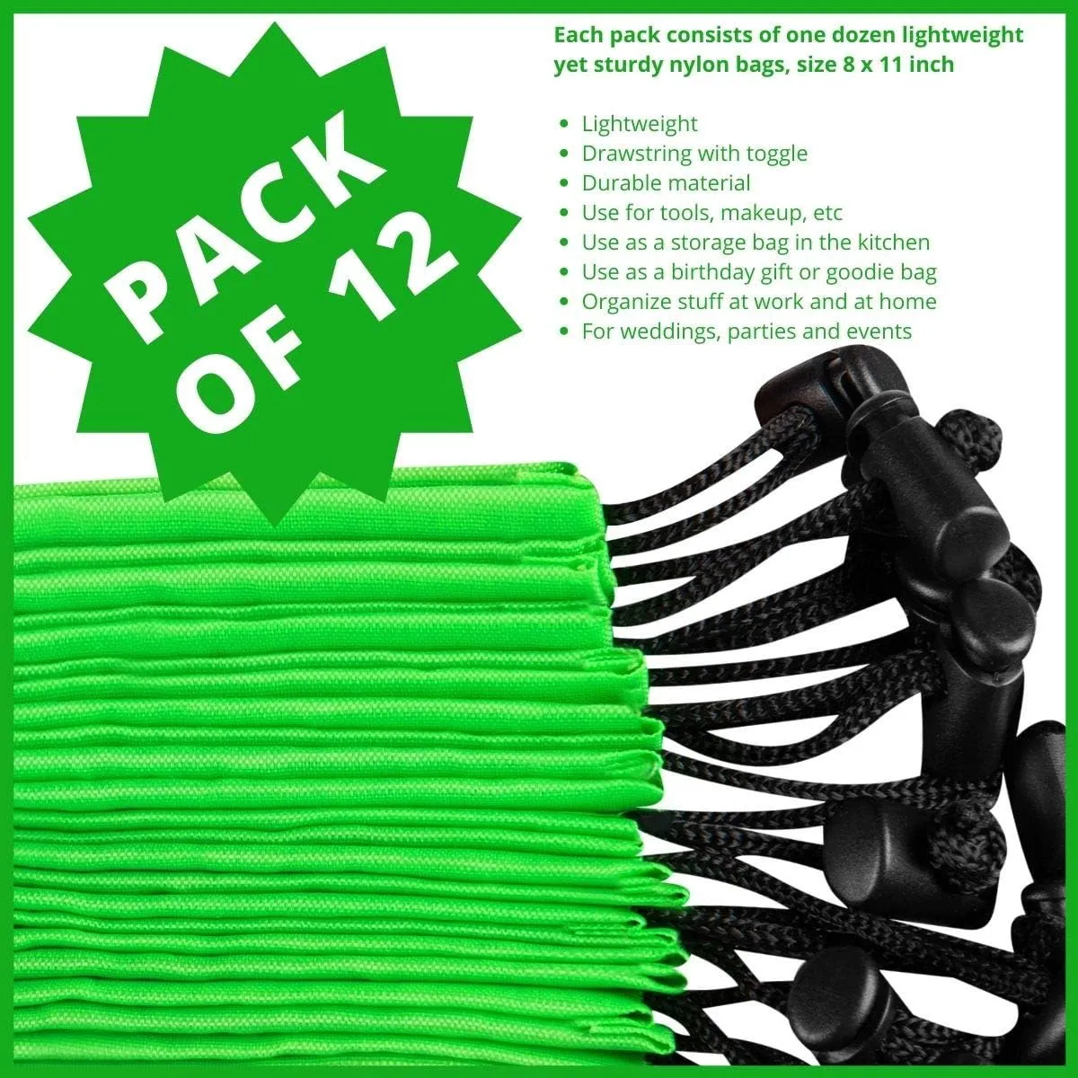 PALTERWEAR Drawstring Bag - Nylon Cinch and Ditty Stuff Pouch with Toggle (8 x 11-12 pack, Green)