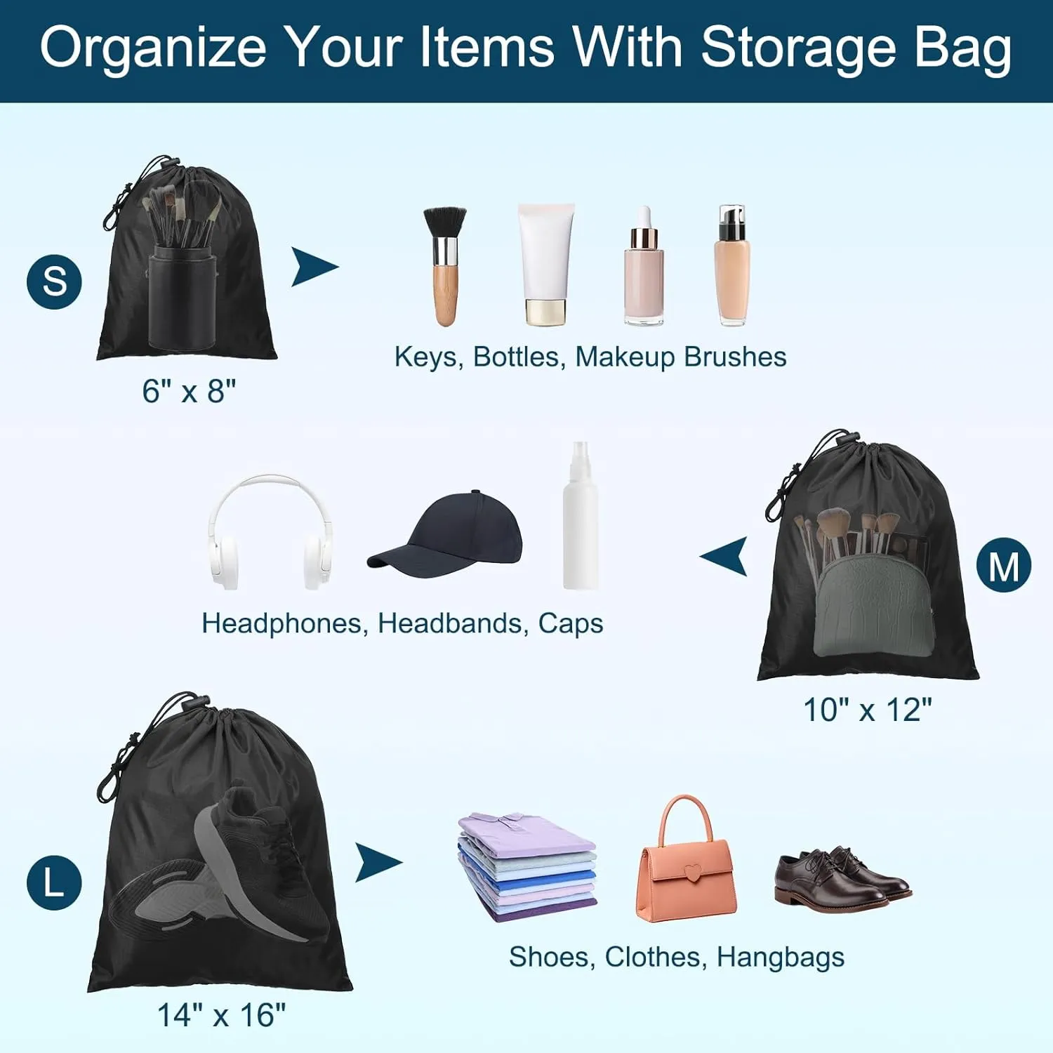 PATIKIL Travel Storage Bags with Toggle 14 x 16 Inch, 6 Pack Waterproof 210D Polyester Drawstring Bag Stuff Sack Cinch Bag for Gym Traveling Hiking Yoga Shoes Organizer, Black