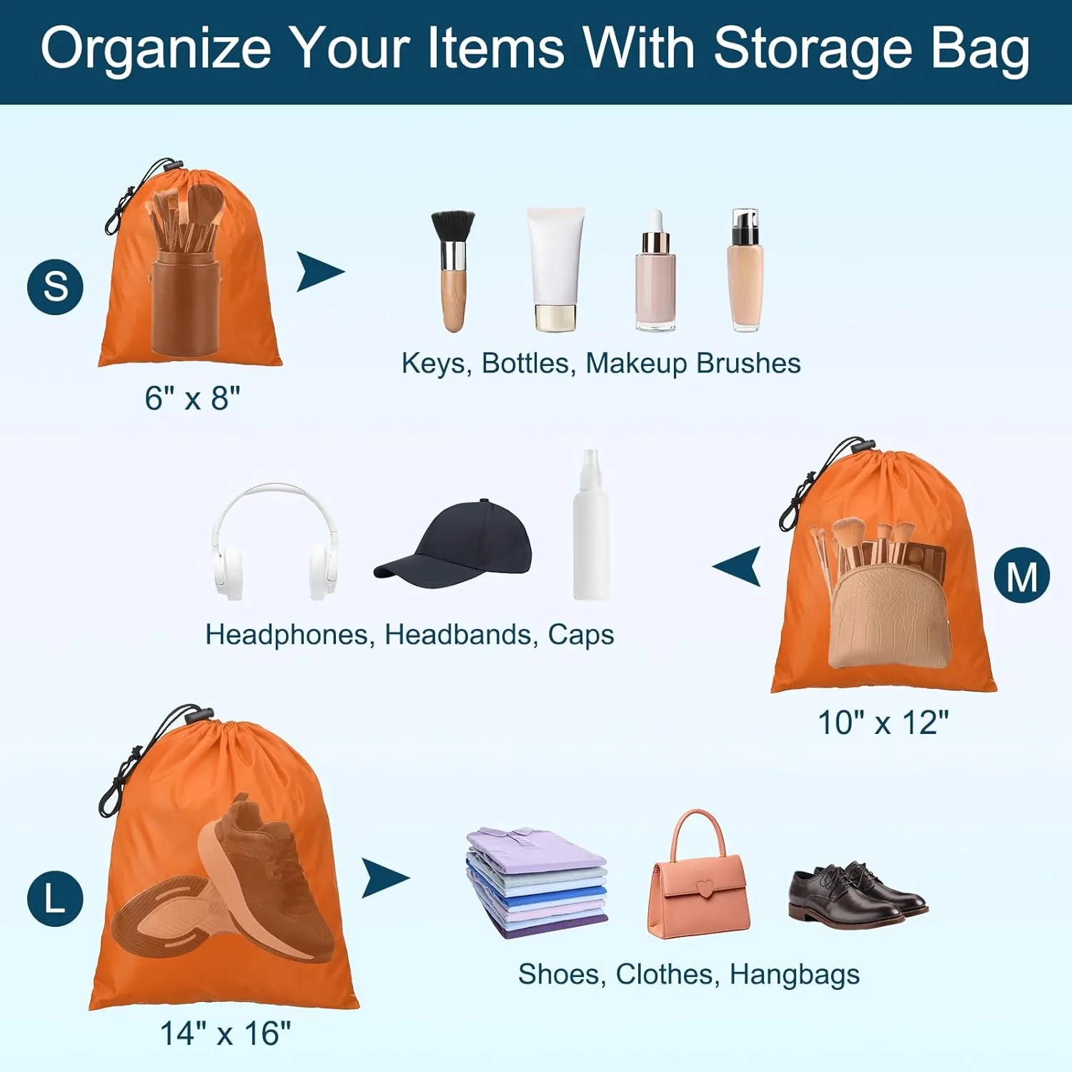 PATIKIL Travel Storage Bags with Toggle 14 x 16 Inch, 6 Pack Waterproof 210D Polyester Drawstring Bag Stuff Sack Cinch Bag for Gym Traveling Hiking Yoga Shoes Organizer, Orange