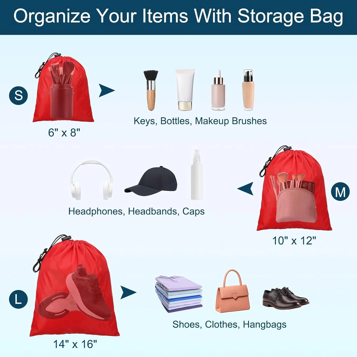 PATIKIL Travel Storage Bags with Toggle 14 x 16 Inch, 6 Pack Waterproof 210D Polyester Drawstring Bag Stuff Sack Cinch Bag for Gym Traveling Hiking Yoga Shoes Organizer, Red