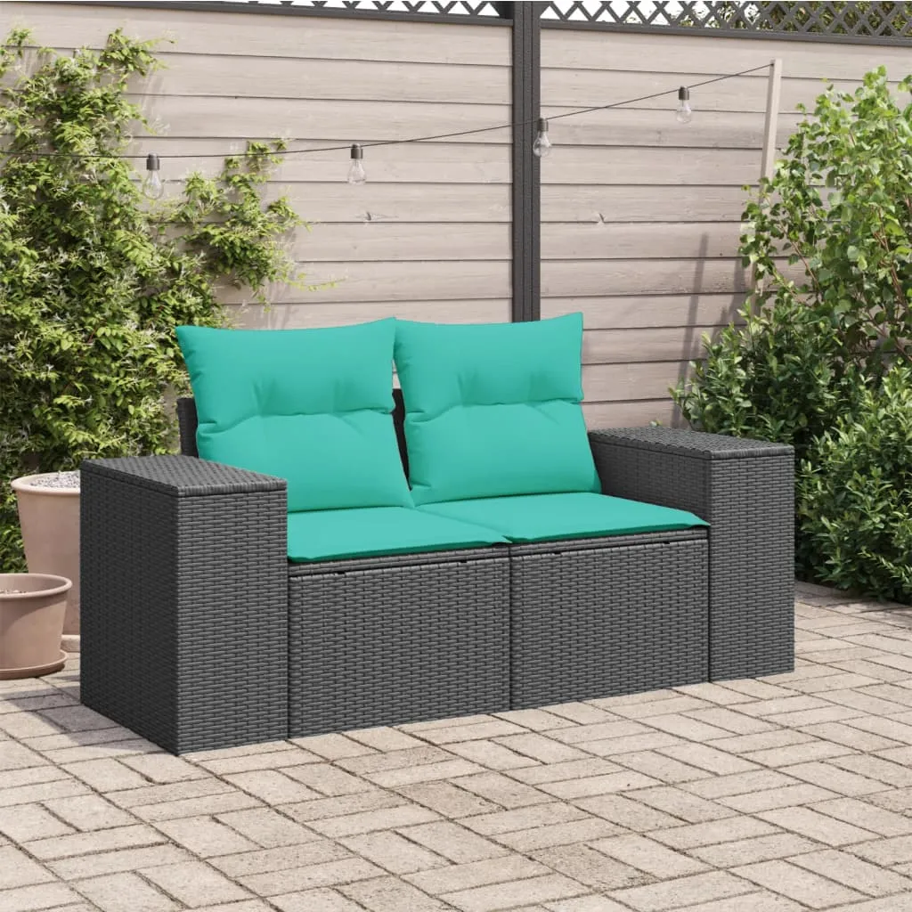Patio Sofa with Cushions 2-Seater Black Poly Rattan