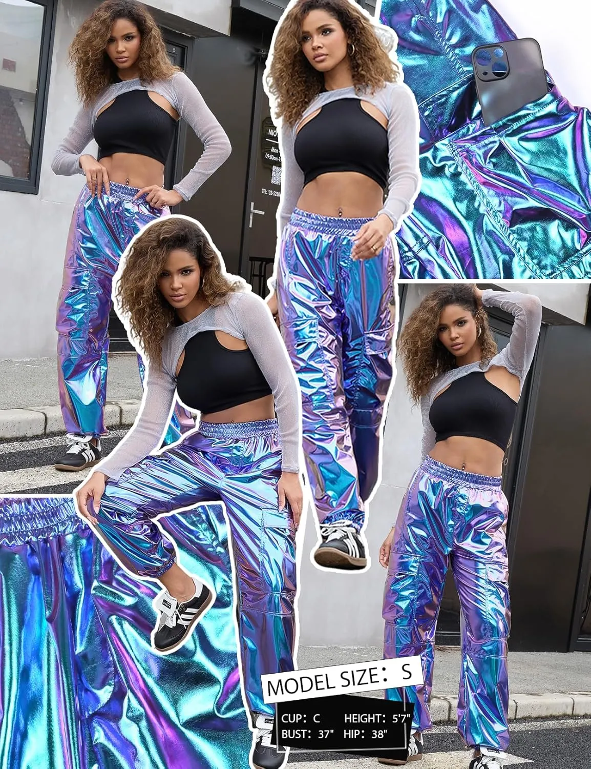Perfashion Metallic Cargo Pants for Girls Hip Hop Dance Multi-Pocket Joggers High Waist Pants 6-15Y