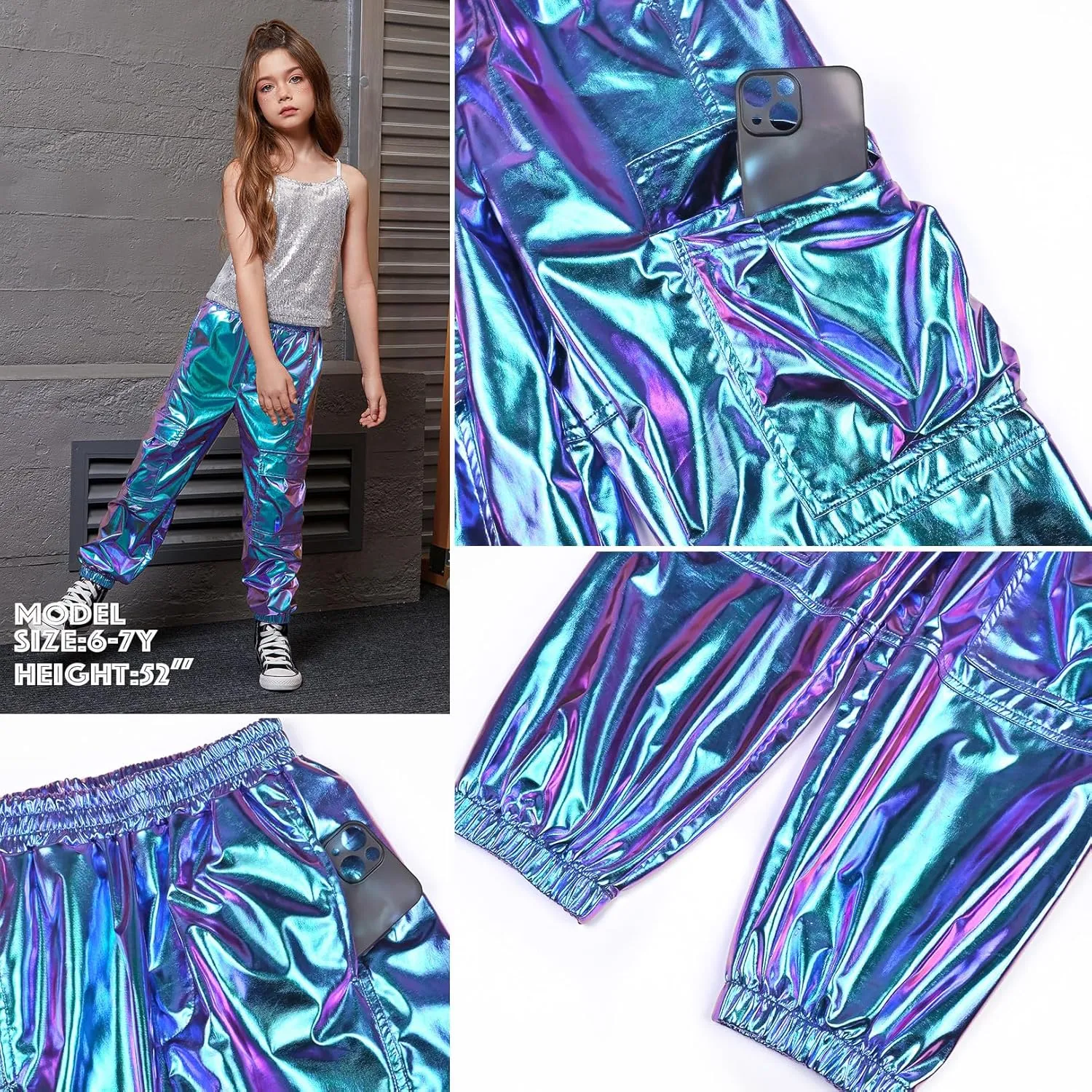 Perfashion Metallic Cargo Pants for Girls Hip Hop Dance Multi-Pocket Joggers High Waist Pants 6-15Y