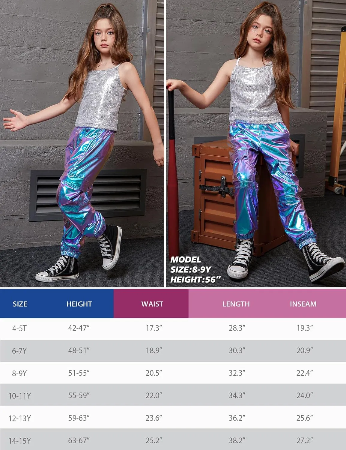 Perfashion Metallic Cargo Pants for Girls Hip Hop Dance Multi-Pocket Joggers High Waist Pants 6-15Y