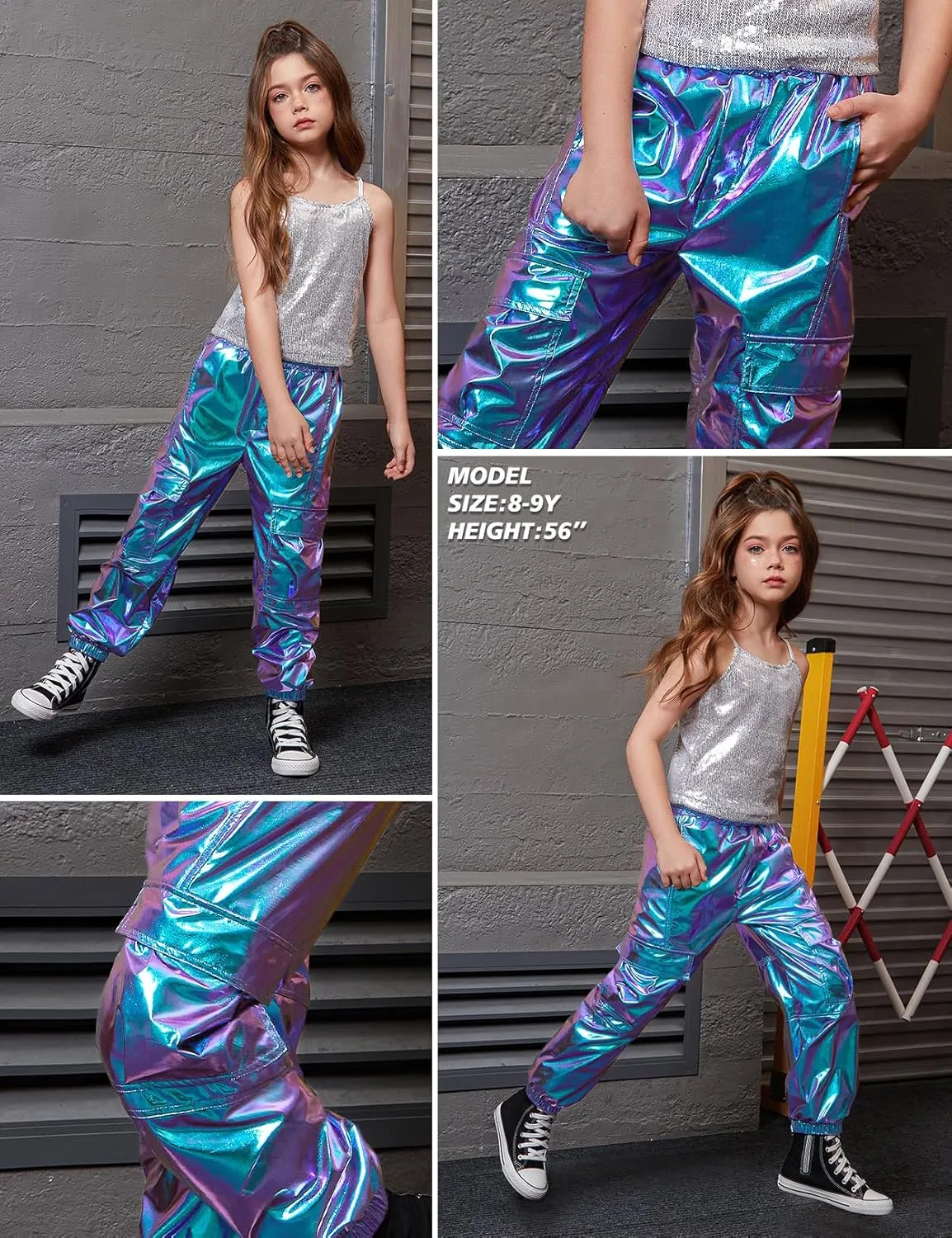 Perfashion Metallic Cargo Pants for Girls Hip Hop Dance Multi-Pocket Joggers High Waist Pants 6-15Y
