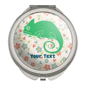 Personalized Custom 1 Line Chameleon with Flowers Compact Travel Purse Handbag Makeup Mirror