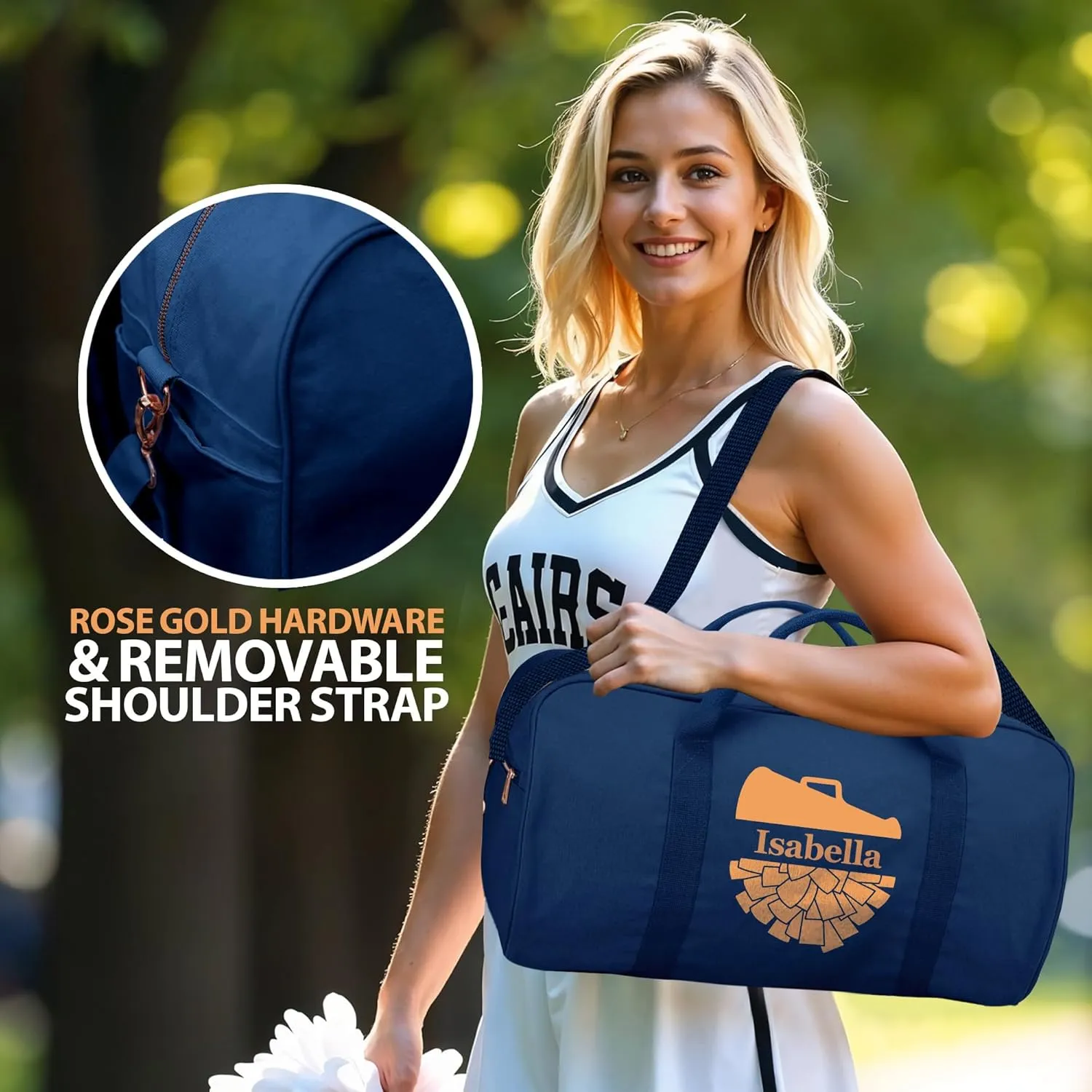 Personalized Duffle Bag with Name for Cheerleader, Personalized Weekender Duffle, Custom Carry On Tote Bags for Cheer Uniform, Travel Essentials Cheerleader Gifts Overnight Luggage Bag- Navy