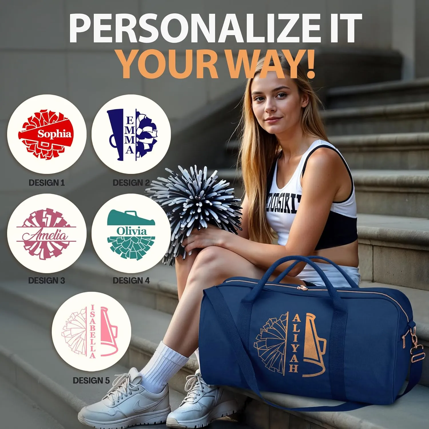 Personalized Duffle Bag with Name for Cheerleader, Personalized Weekender Duffle, Custom Carry On Tote Bags for Cheer Uniform, Travel Essentials Cheerleader Gifts Overnight Luggage Bag- Navy