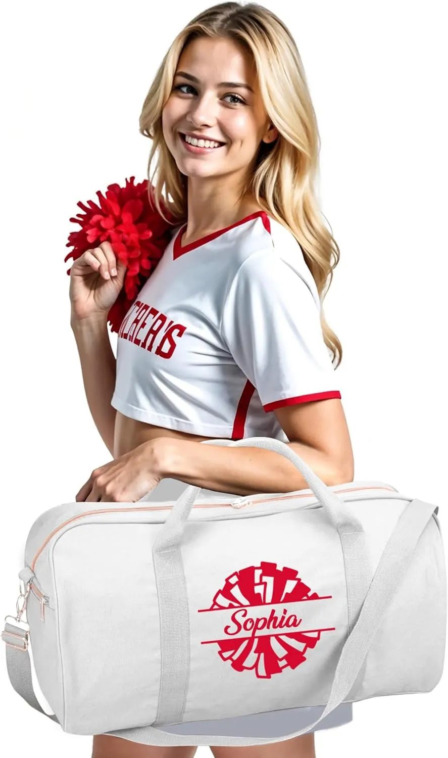 Personalized Duffle Bag with Name for Cheerleader, Personalized Weekender Duffle, Custom Carry On Tote Bags for Cheer Uniform, Travel Essentials Cheerleader Gifts Overnight Luggage Bag- White