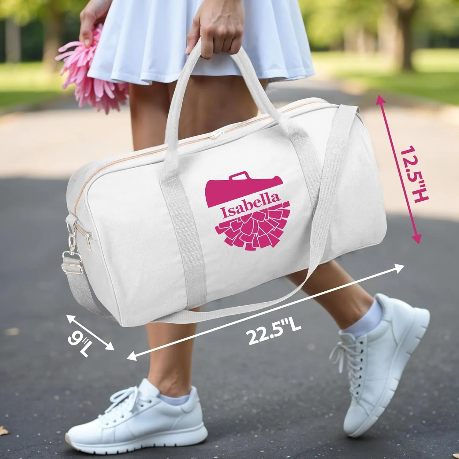 Personalized Duffle Bag with Name for Cheerleader, Personalized Weekender Duffle, Custom Carry On Tote Bags for Cheer Uniform, Travel Essentials Cheerleader Gifts Overnight Luggage Bag- White