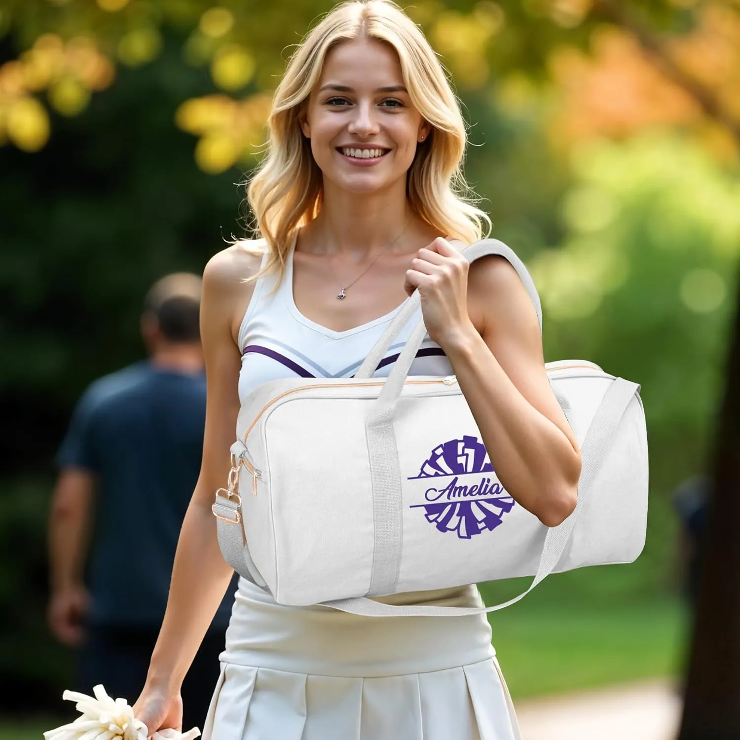 Personalized Duffle Bag with Name for Cheerleader, Personalized Weekender Duffle, Custom Carry On Tote Bags for Cheer Uniform, Travel Essentials Cheerleader Gifts Overnight Luggage Bag- White