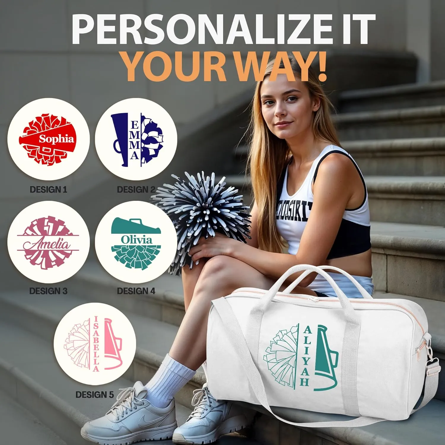 Personalized Duffle Bag with Name for Cheerleader, Personalized Weekender Duffle, Custom Carry On Tote Bags for Cheer Uniform, Travel Essentials Cheerleader Gifts Overnight Luggage Bag- White